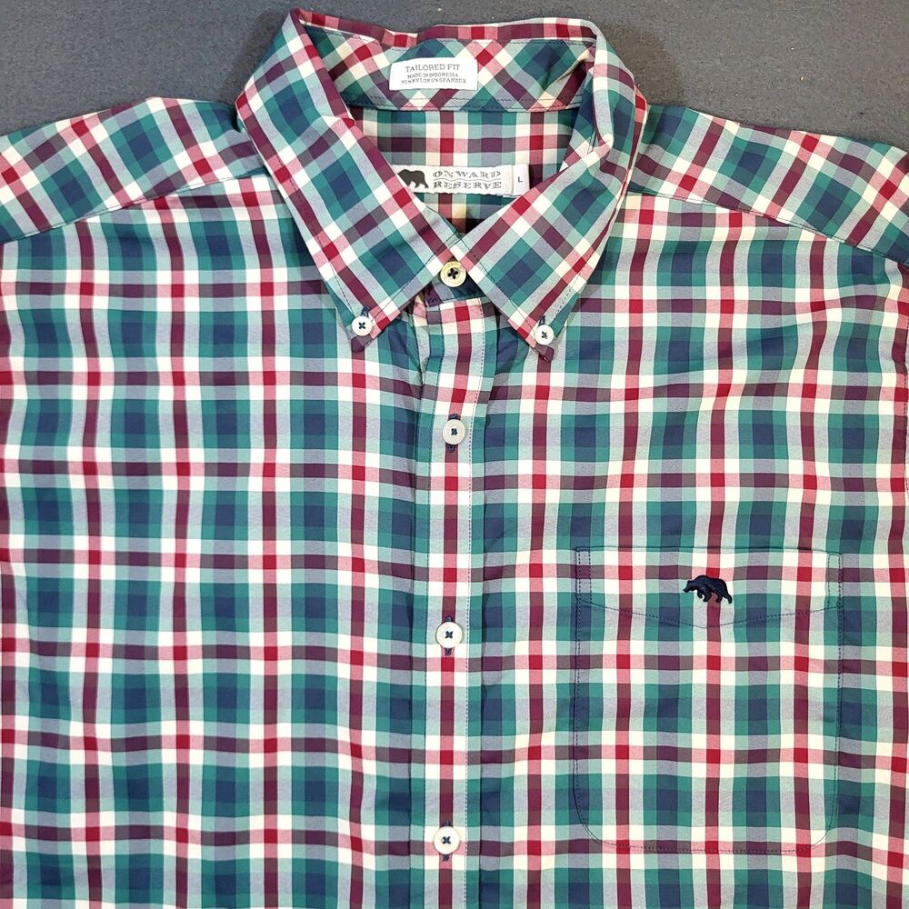 Onward Reserve Performance Shirt Mens L Slim Plaid Button Down Gameday Wicking